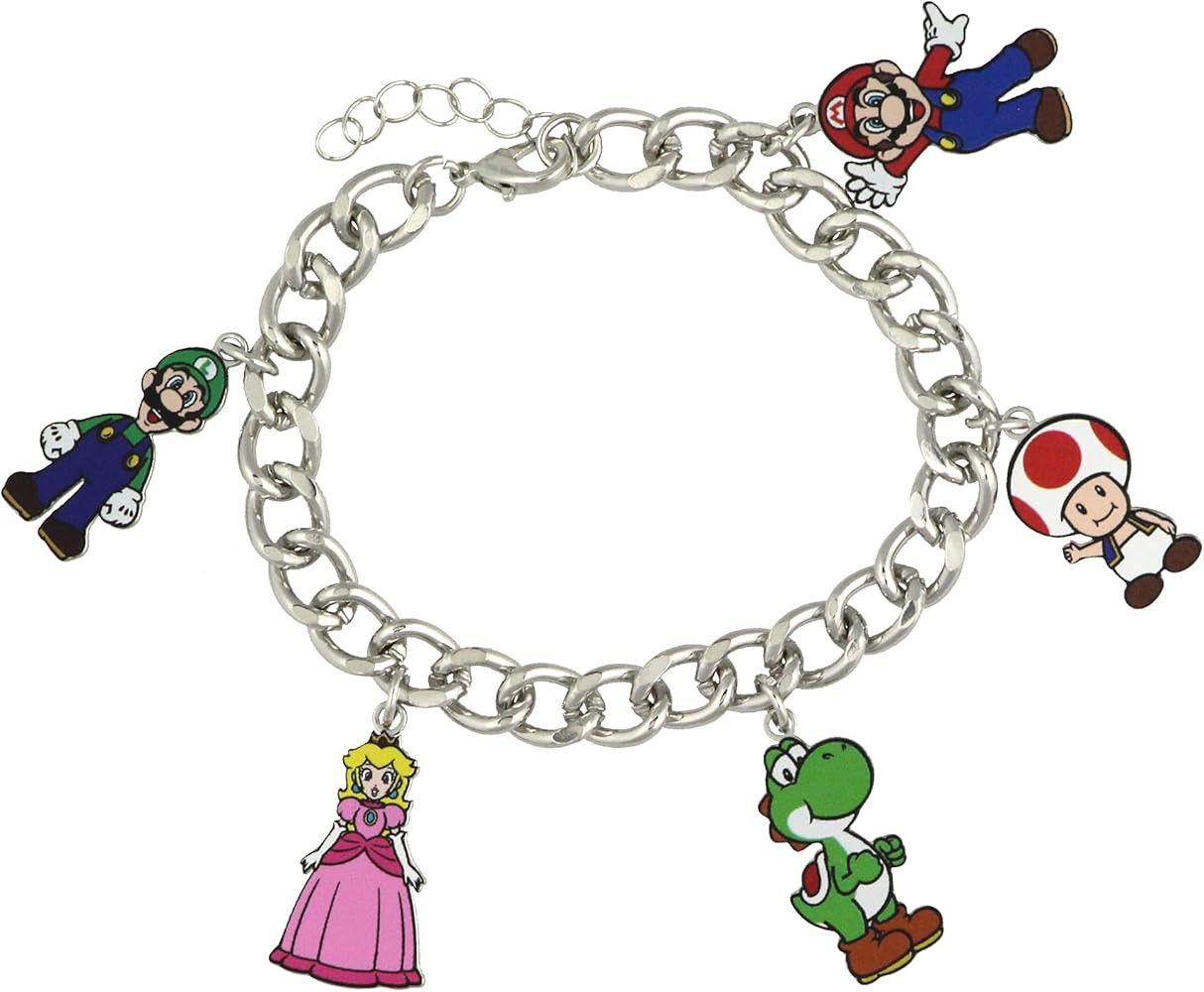 Bioworld Super Mario Bros Yoshi Luigi Mario Princess Peach Toad Jewelry Charm Chain Link Bracelet... | Amazon (US)