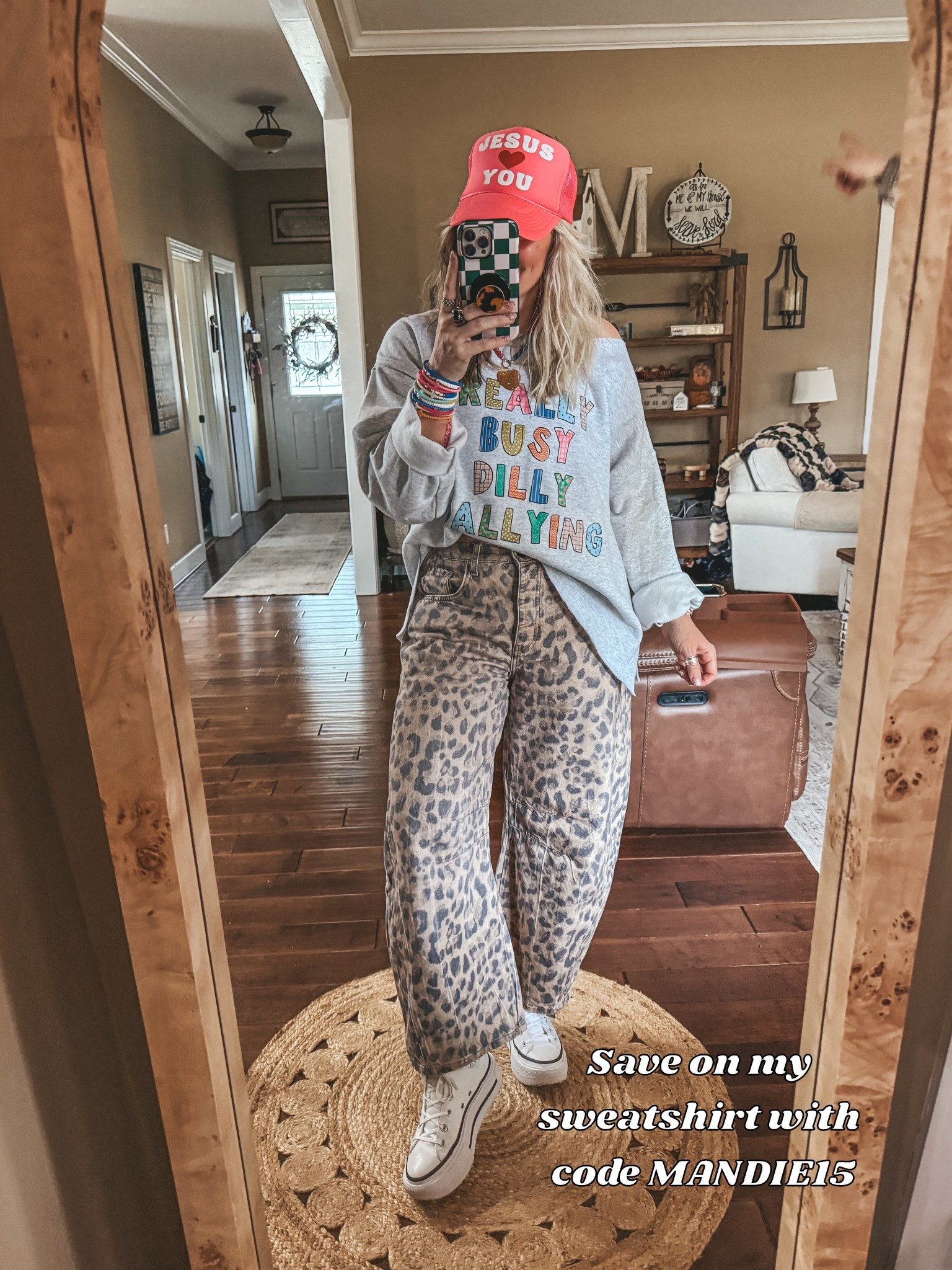My Saturday fit 💕
Sweatshirt L (save with code MANDIE15) 
Leopard Jeans I wear my true size 
Converse I sized down 



#LTKOver40 #LTKootd