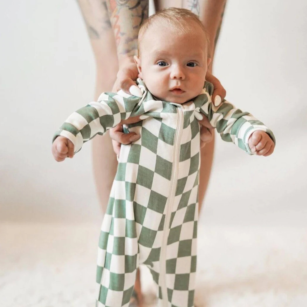 Matcha Milkshake Checkerboard / Organic Zip Footie | SpearmintLOVE