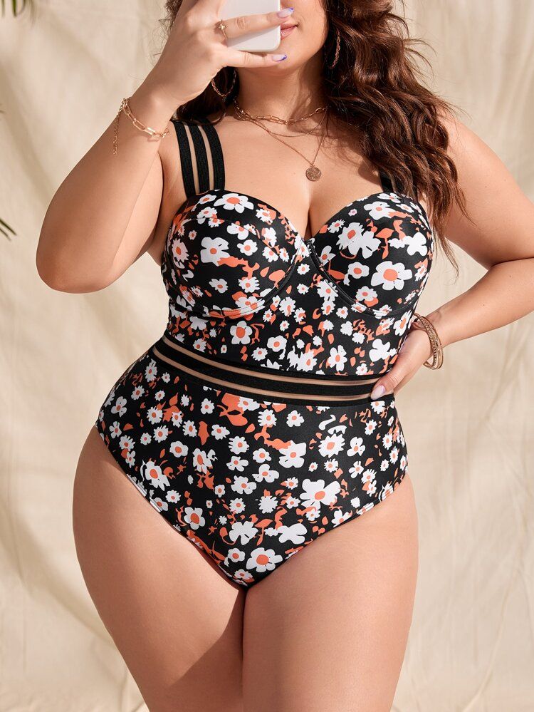 Plus Floral Print Contrast Mesh Push Up One Piece Swimsuit | SHEIN