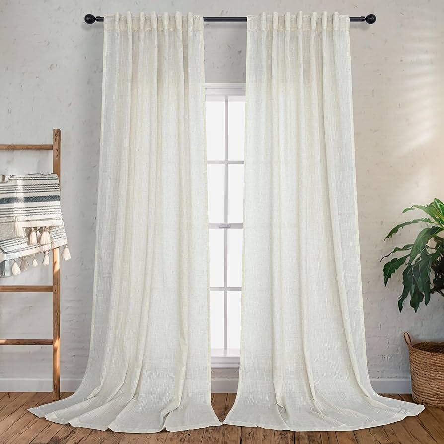 Cream Linen Curtains 84 Inch Length for Living Room 2 Panel Back Tab Pocket Pleated Neutral Rusti... | Amazon (US)