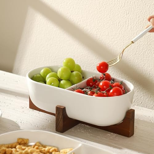 Chip and Dip Serving Bowl with Acacia Wood Base, Ceramic Serving Bowl for Home Decor(2-Compartmen... | Amazon (US)