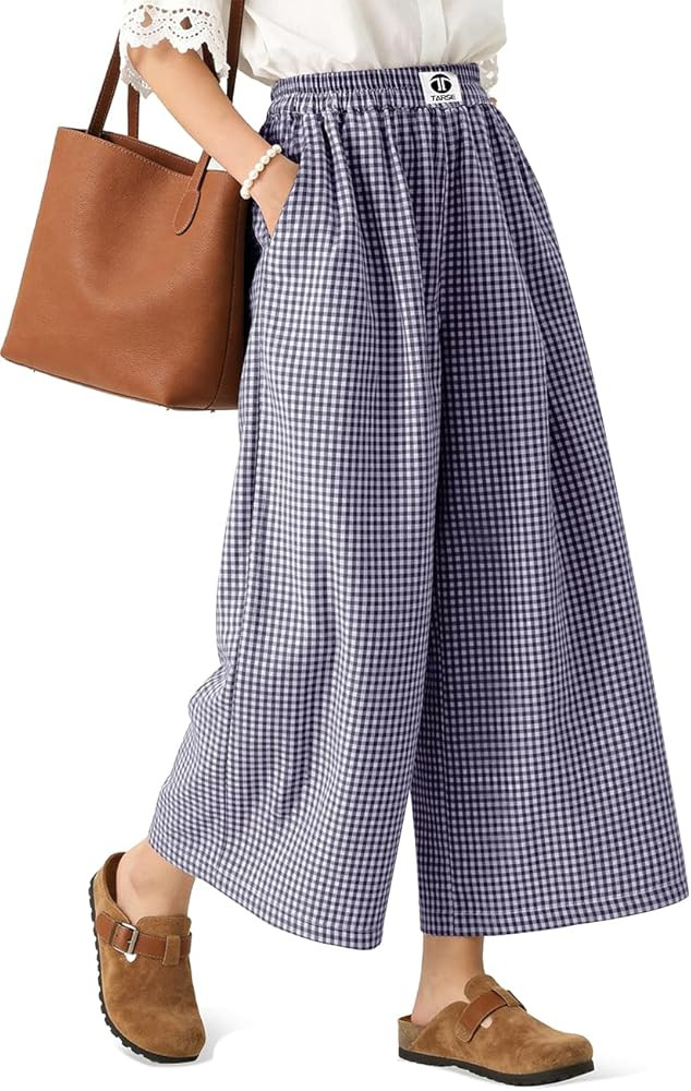 TARSE Women Wide Leg Capri Pants Loose Gingham Plaid Culottes Summer Elastic Waist Palazzo Trouse... | Amazon (US)