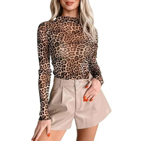 Lace Mesh Sheer Long Sleeve Tops for Women Fashion Casual Base Coat Leopard Print Fitted Tight T Shirts Blouses Khaki 2XL | Walmart (US)