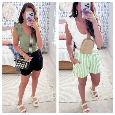 $12 pull on shorts from Old Navy-today only! Wearing a medium.
Cute ruffle tank is on sale for $15! Lots of color options. Wearing a small. 
Sandals are on sale with code SURPRISE. Size up. 
.


#LTKfindsunder50 #LTKover40 #LTKsalealert