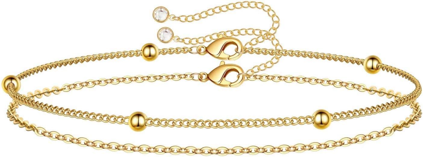 Dainty Gold Bracelets for Women, 14K Gold Filled Adjustable Layered Bracelet Cute Evil Eye Oval C... | Amazon (US)