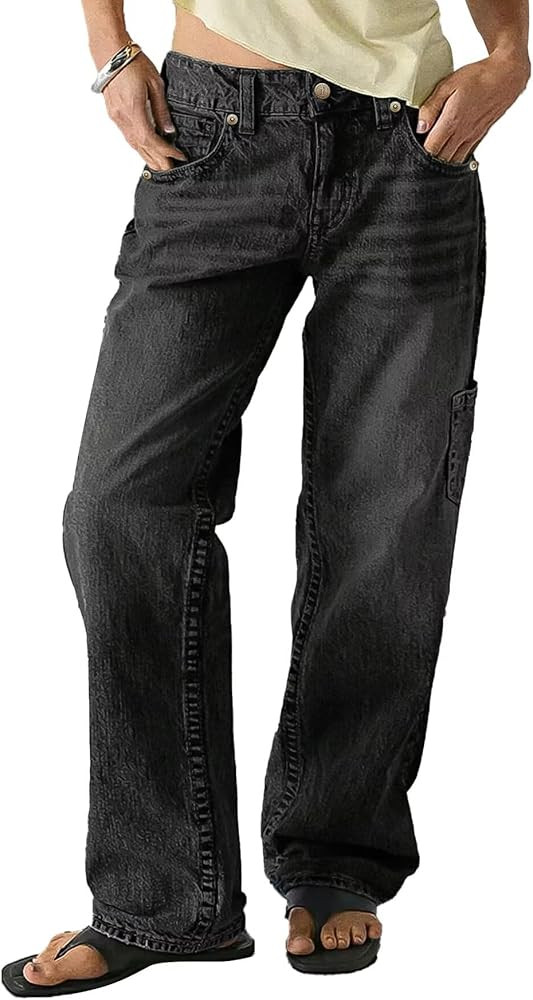 Flamingals Mid Rise Straight Leg Jeans for Women Multi Pocket Stretchy Baggy Boyfriend Jeans Tren... | Amazon (US)