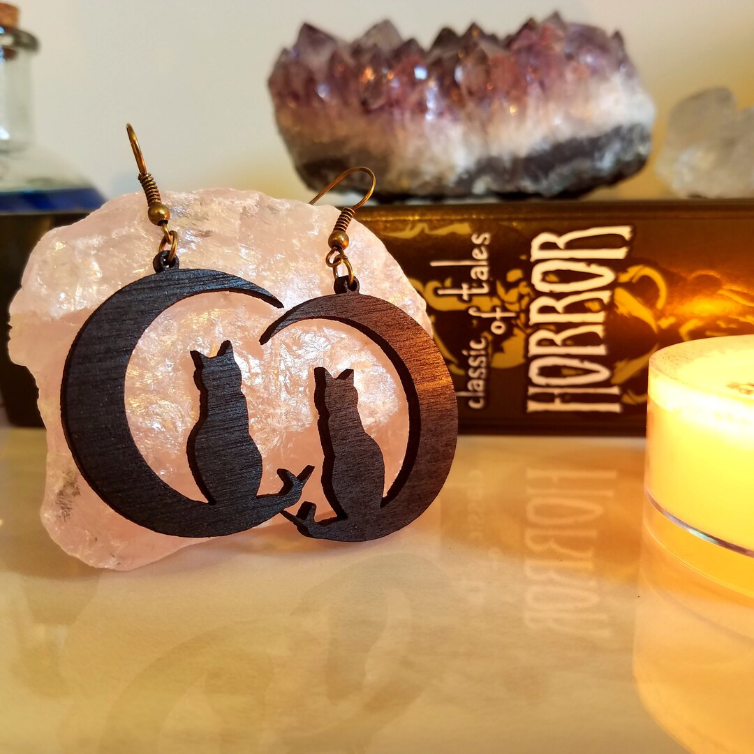 Cat on the moon earrings, dangle cat earrings, halloween earrings, black cat lover gifts | Etsy (US)