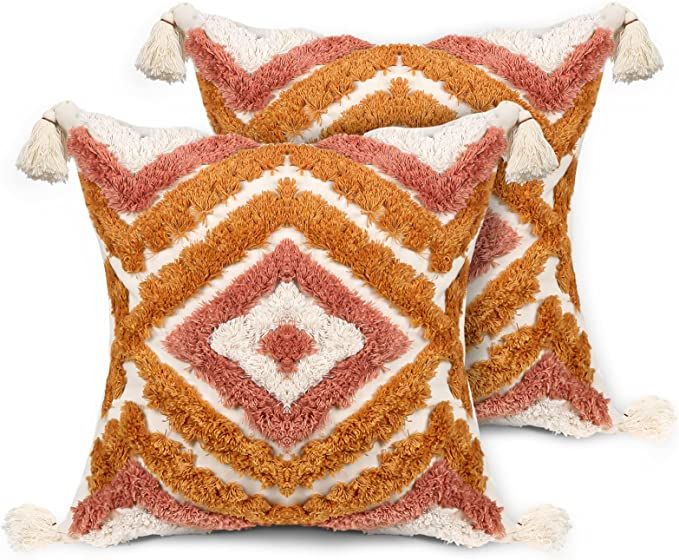 ANGELLOONG Fall Pillow Covers 18x18 Set of 2, Orange Throw Pillow Covers with Tassels, Boho Pillo... | Amazon (US)