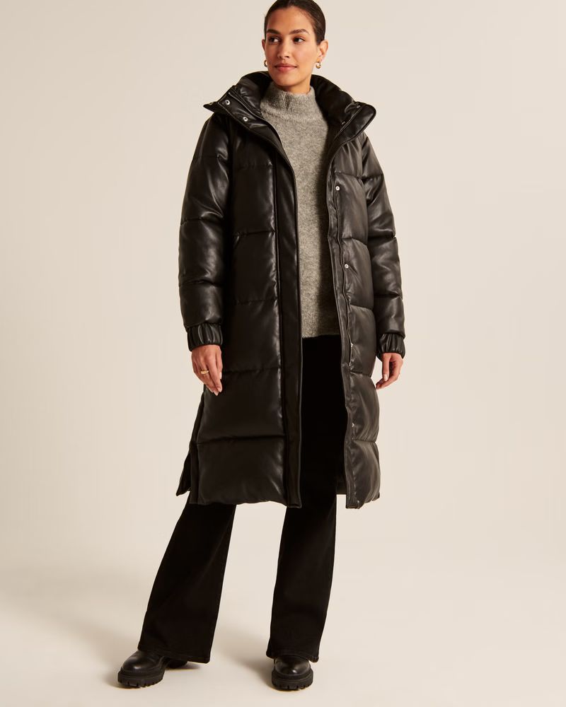 Women's Ultra Vegan Leather Long Puffer | Women's Vegan Leather | Abercrombie.com | Abercrombie & Fitch (US)