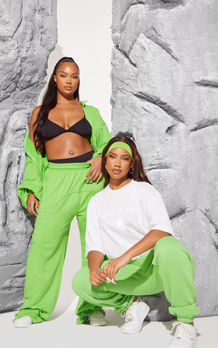 RENEW Plus Lime Loopback Binding Detail Straight Leg Sweatpants | PrettyLittleThing US