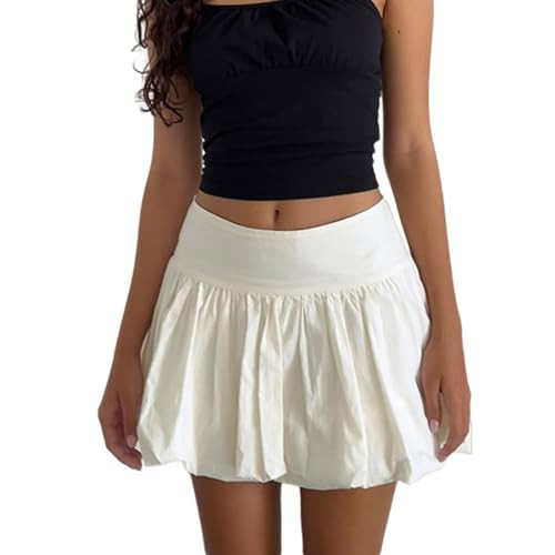 Women Y2K Bubble Skirt High Waist Ruffle Hem A Line Pleated Mini Short Skirt Teen Girls Puffy Short Skirts Streetwear(Short White,S) | Amazon (US)