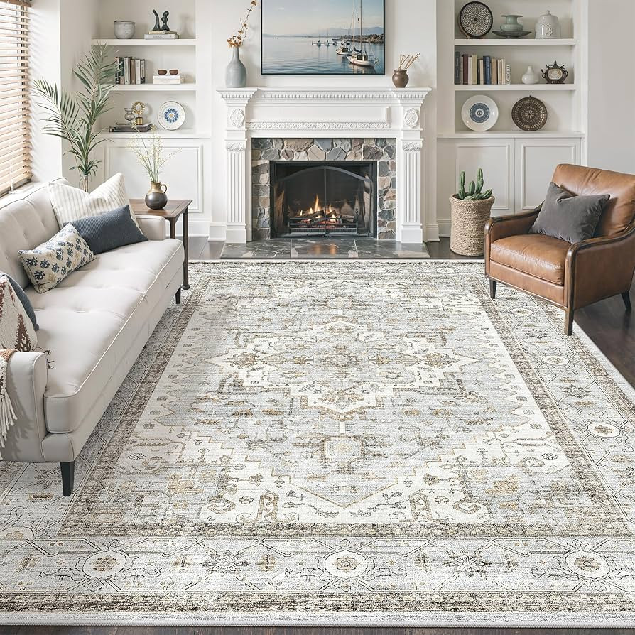 8x10 Area Rugs for Living Room, Stain Resistant Neutral Washable Rugs for Dining Room, Floral Vin... | Amazon (US)
