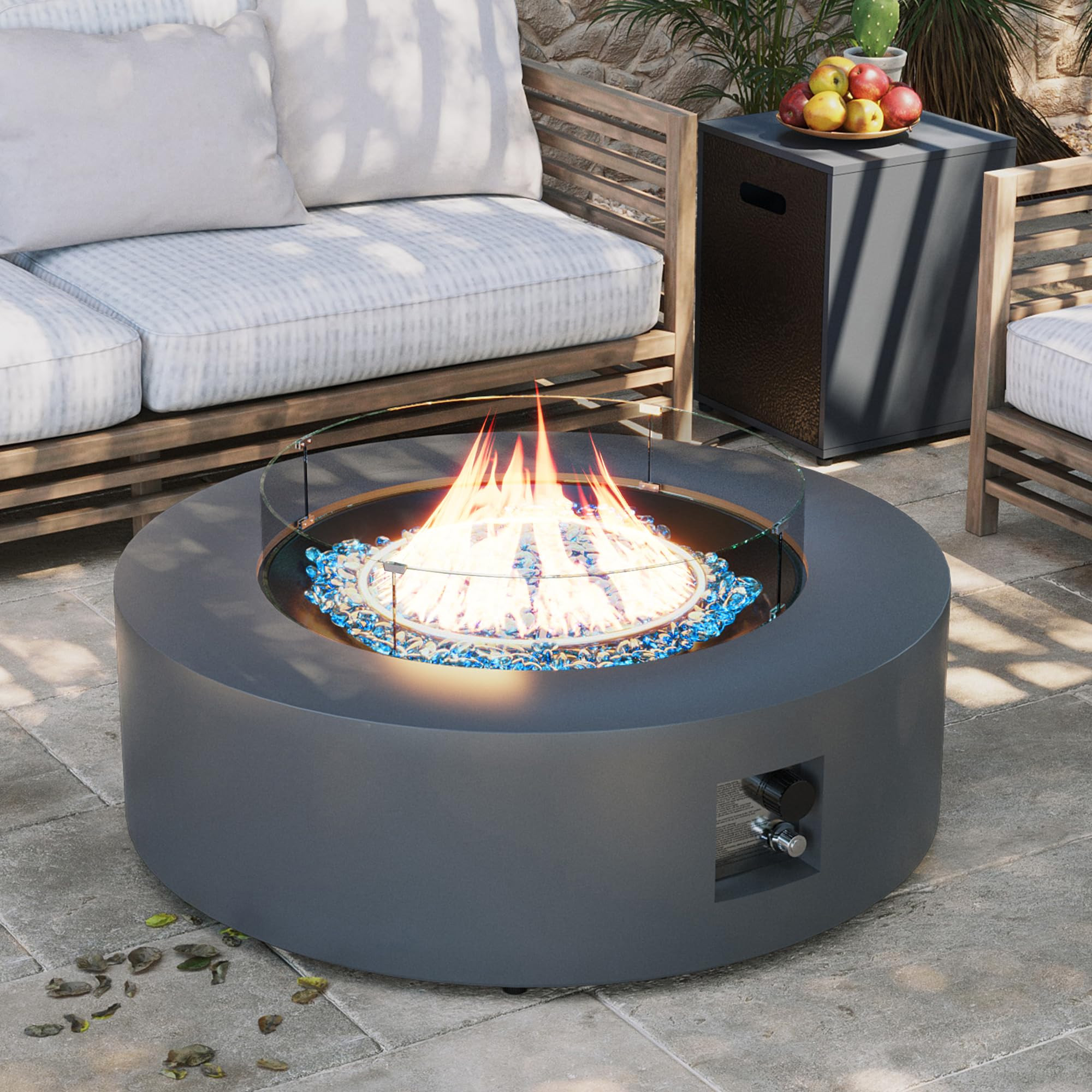 UPHA 42-inch Outdoor Propane Gas Fire Pit Table 50000 BTU Iron Round Firepit for Outside Patio with Tank Hidden Table, Wind Guard, Removable Lid, Blue Glass Rocks, Rain Cover, Grey | Amazon (US)