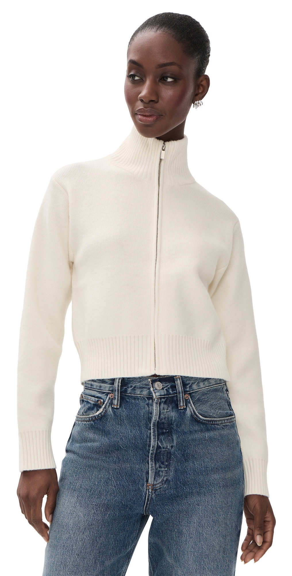 English Factory Zip-Up Funnel Neck Knit Jacket Cream S | Shopbop