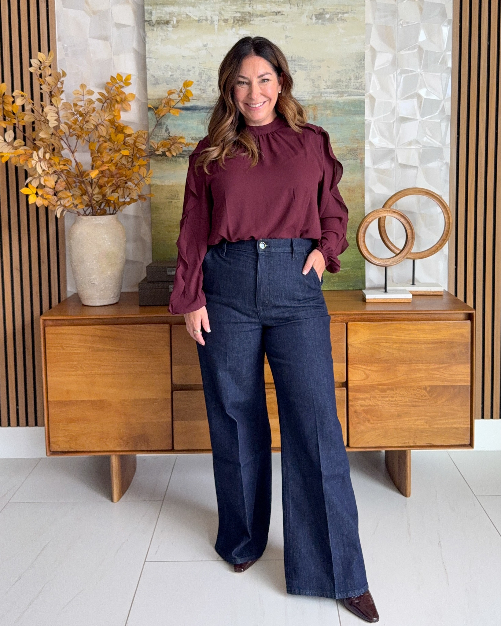 Ann Taylor Workwear Navy and Burgundy Denim Trouser Outfit | Wearing Blouse, L and Pants tts, 31

#LTKSeasonal #LTKMidsize #LTKWorkwear