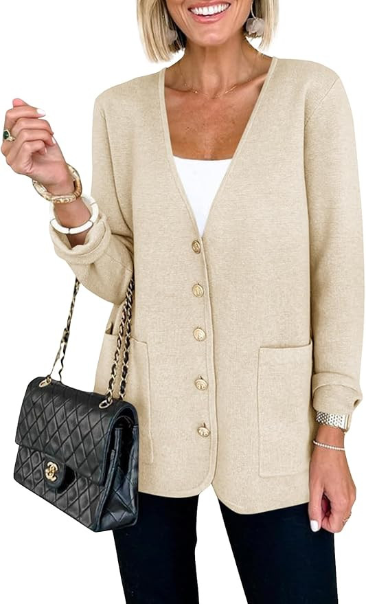 Saodimallsu Womens V Neck Cardigan Button Loose Knit Sweater Blazer Open Front Elegant Cardigans ... | Amazon (US)