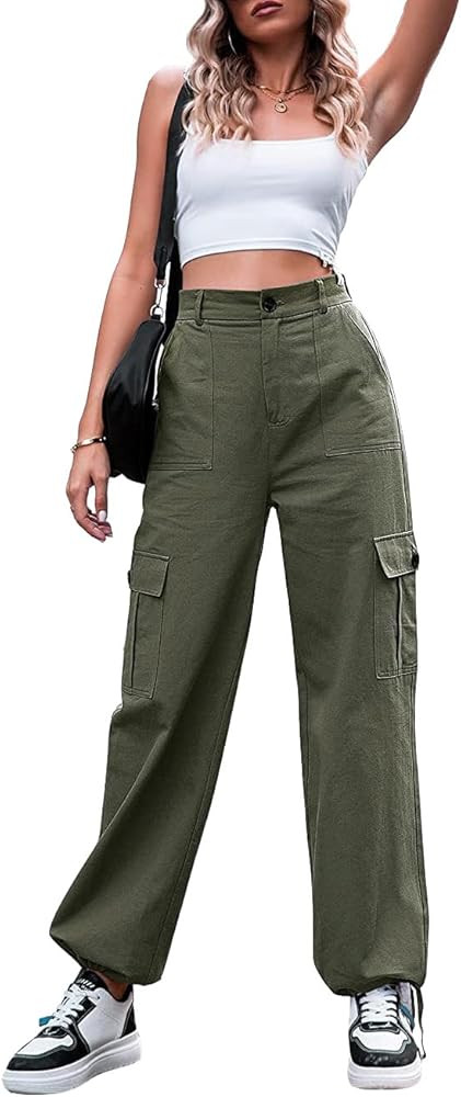 THWEI Womens Cargo Pants High Waisted Wide Leg Casual Pants Streetwear Trousers with 6 Pockets | Amazon (US)
