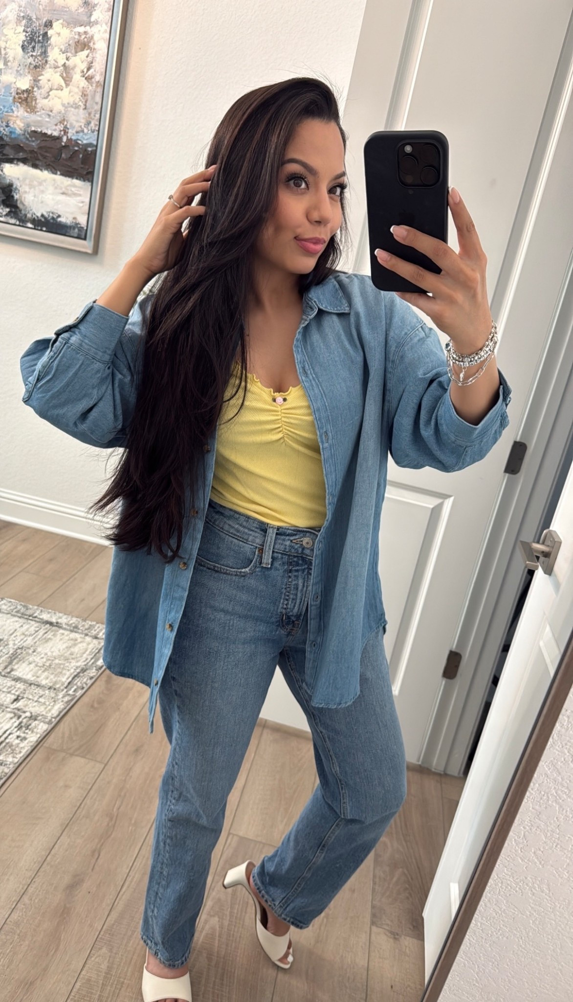 Spring denim 🌼
Button up size XS 
Top size small 
Jeans high waisted size 4 short
Heels size 5 


#LTKSaleAlert #LTKSpringSale #LTKootd