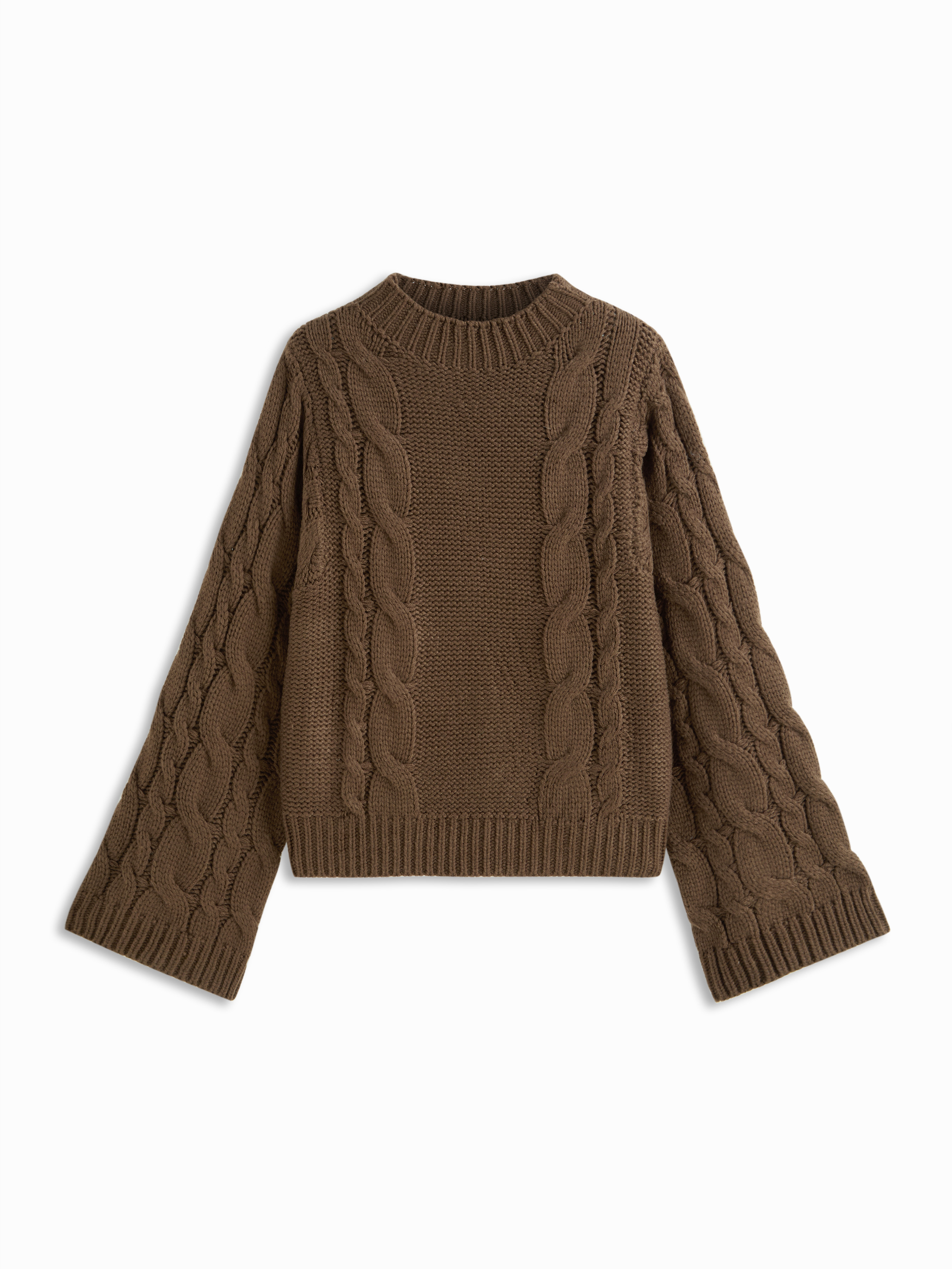Cable Knit Round Neck Long Bell Sleeve Oversized Sweater | Cider