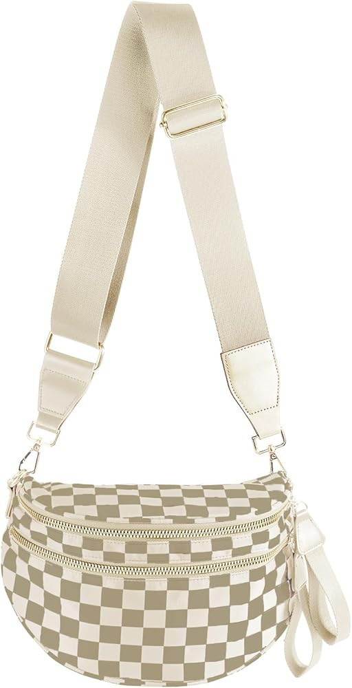 Spacious Checkered Nylon Crossbody Bag Bum Bag Handbags Wallets for Women | Amazon (US)