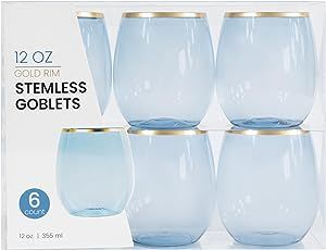 PLASTICPRO 12 Pack Blue With Gold Rim Plastic Wine Glasses Stemless Disposable 12 oz BPA Free Sha... | Amazon (US)