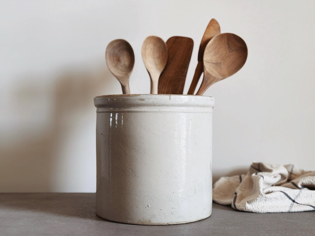 VINTAGE | Greige Stoneware Canister | European Farmhouse | Kitchen Utensil Holder | Vintage Unmar... | Etsy (US)