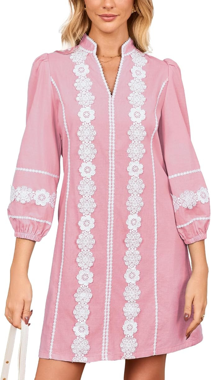 Women's Lace Floral Tunic Dress 3/4 Puff Sleeve V Neck 3D Embroidered Mini Dress | Amazon (US)