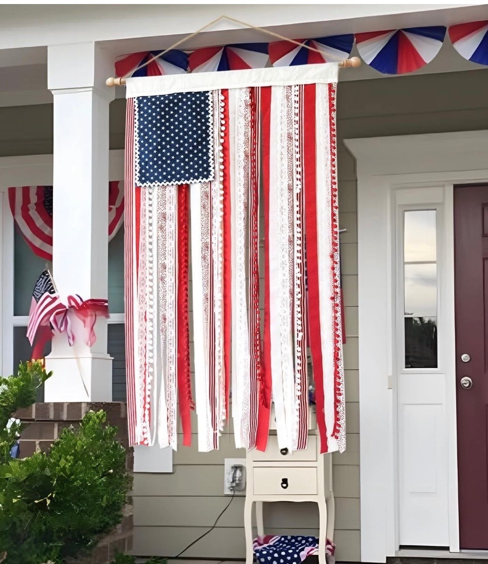 American Flag Banner Ribbon American Flag Ribbon Flag Wall Hanging American Flag Ribbon Banner American Flag Decor Rag Flag Emblem Independence Day Flag Decoration Courtyard Decor Flag Excluding Pole 
Product Description: 
Add a patriotic to your home with this tattered flag. 
The size of the flag is 50x27in. You can hang it a covered porch or use it as a wall mount indoors. 
Each tattered flag is handmade with vintage and fabrics, lace, and decorations.