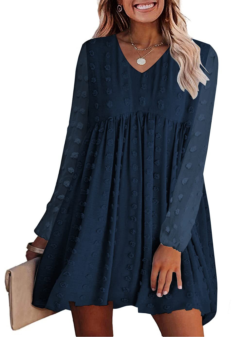 KIRUNDO Women‘s Dresses Long Sleeves Short Mini Dress V Neck Flowy Casual Swiss Dot Loose Fit Babydo | Amazon (US)