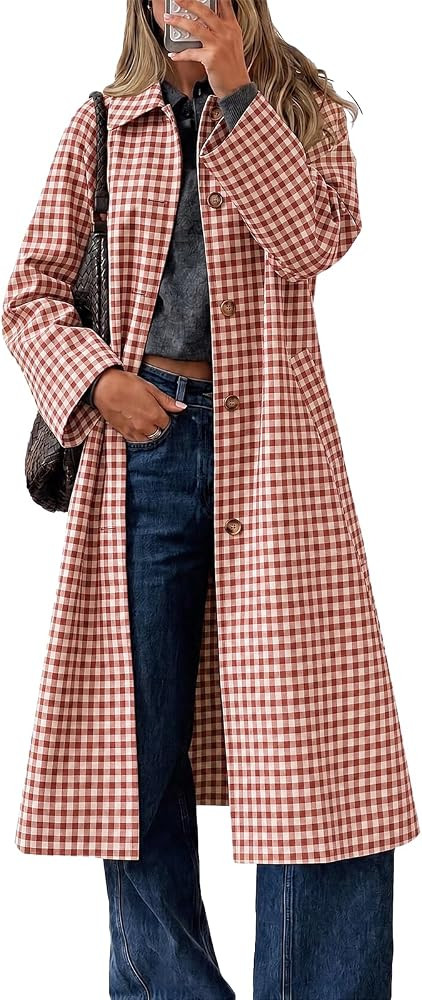 Cicy Bell Womens Plaid Trench Coat Fall Lapel Single Breasted Long Jacket | Amazon (US)