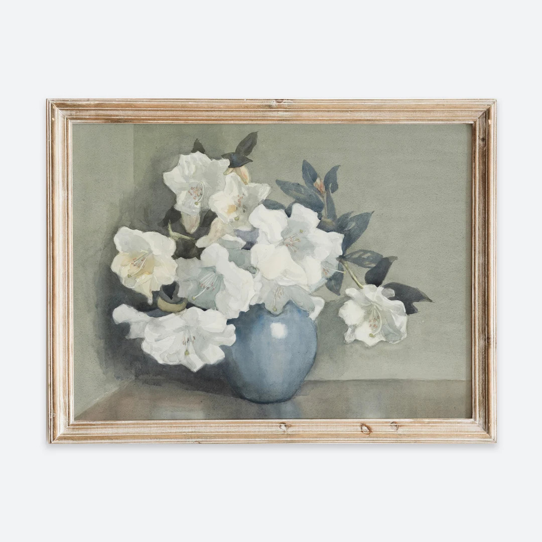 European Vintage White Flowers in Blue Vase Still Life Wall Art Print, Rustic Antique Oil Paintin... | Etsy (US)