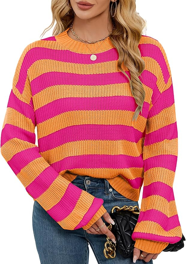 Womens Oversized Lightweight Cute Striped Cropped Sweater Spring 2025 Knitted Crew Neck Thin Crop... | Amazon (US)