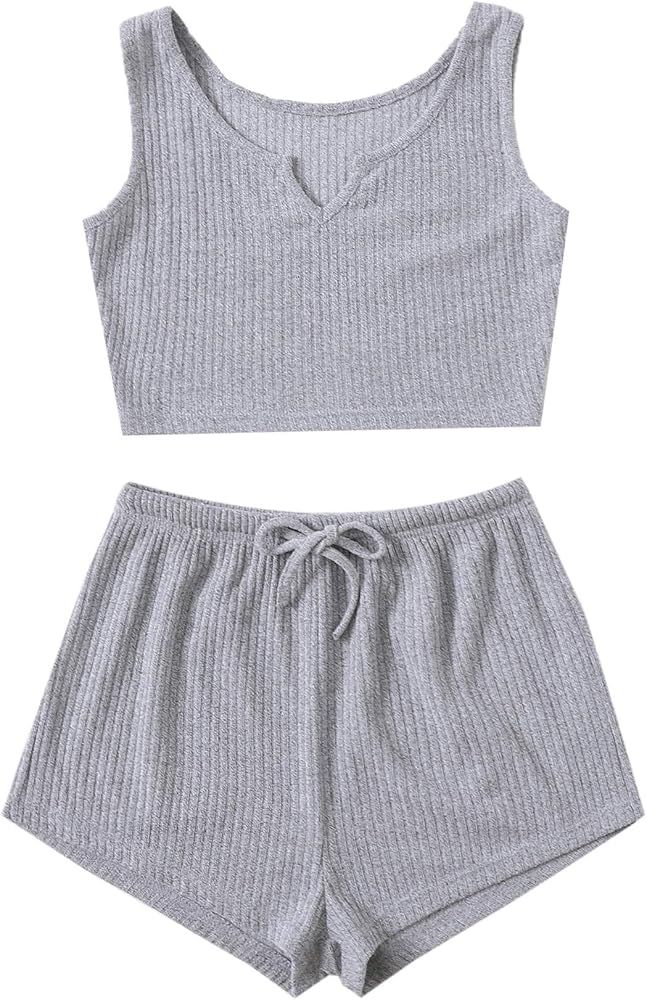 Milumia Women's Two Piece Pajama Set Notched Neck Ribbed Knit Crop Top and Shorts Loungewear | Amazon (US)