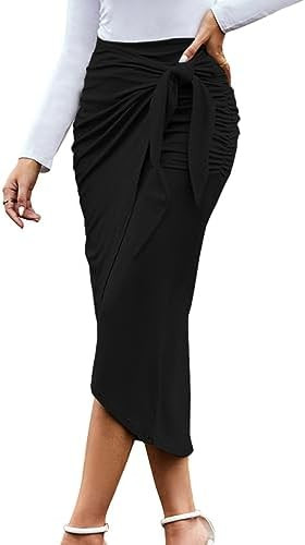 Women Ruched Pencil Skirt High Waist Wrap Tie Front Asymmetrical Long Maxi Skirts Bodycon with Sl... | Amazon (US)