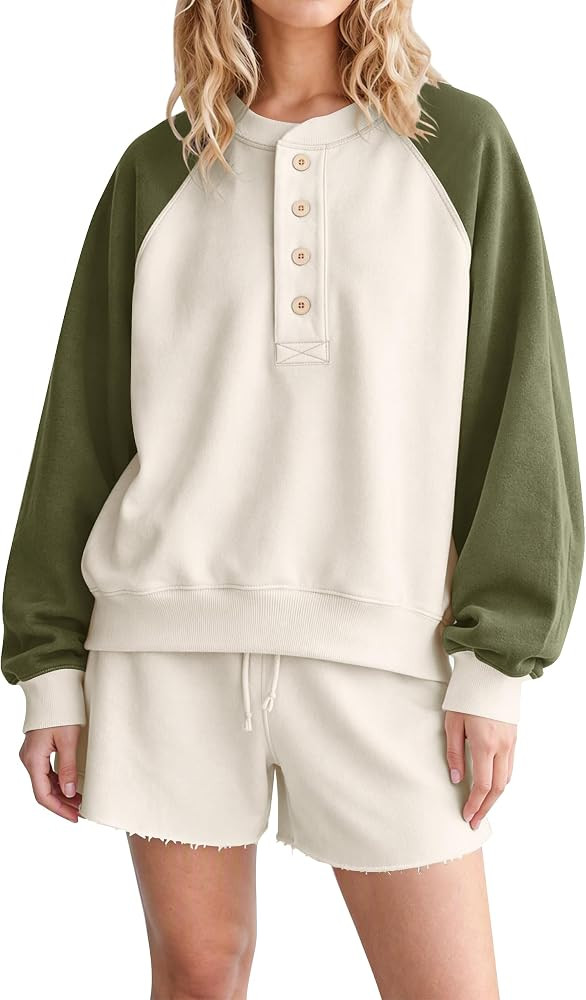 TERIVEEK Women Henley 2 Piece Outfits Color Block Sweatshirt and Shorts Set | Amazon (US)