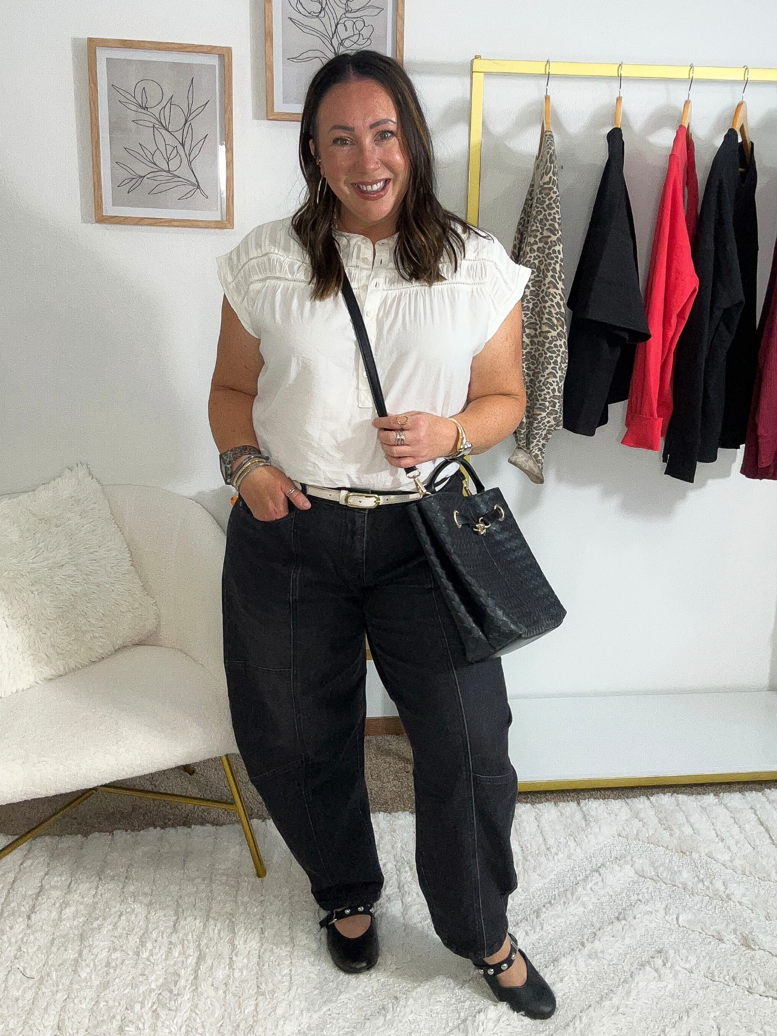 Budget friendly casual workwear look transitioning into fall! Large pintuck blouse. Large barrel leg jeans! So comfy! Sized up half a size in the flats  

#LTKWorkwear #LTKFindsUnder50 #LTKPlusSize