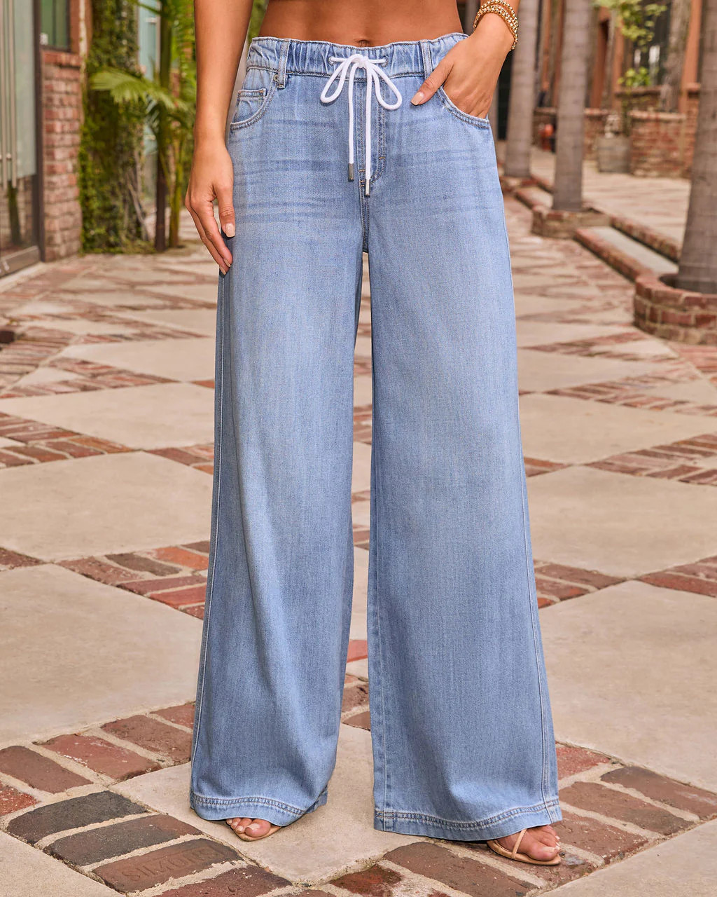Remieh Stretch High Rise Wide Leg Drawstring Jeans - Light Wash / 30 | VICI