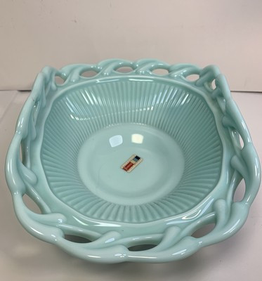 Vintage Fostoria Betsy Ross Wistar Aqua Blue Milk Glass Lace Edge Oval Bowl 11" | eBay AU