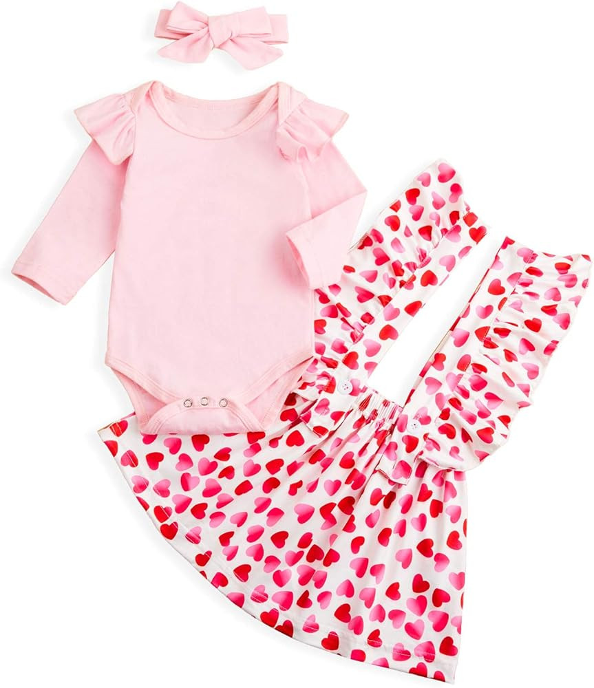 Sinhoon Baby Girl Valentine's Day Skirt Outfits Toddler Girl Ruffle Romper+Short Suspender Dress+... | Amazon (US)