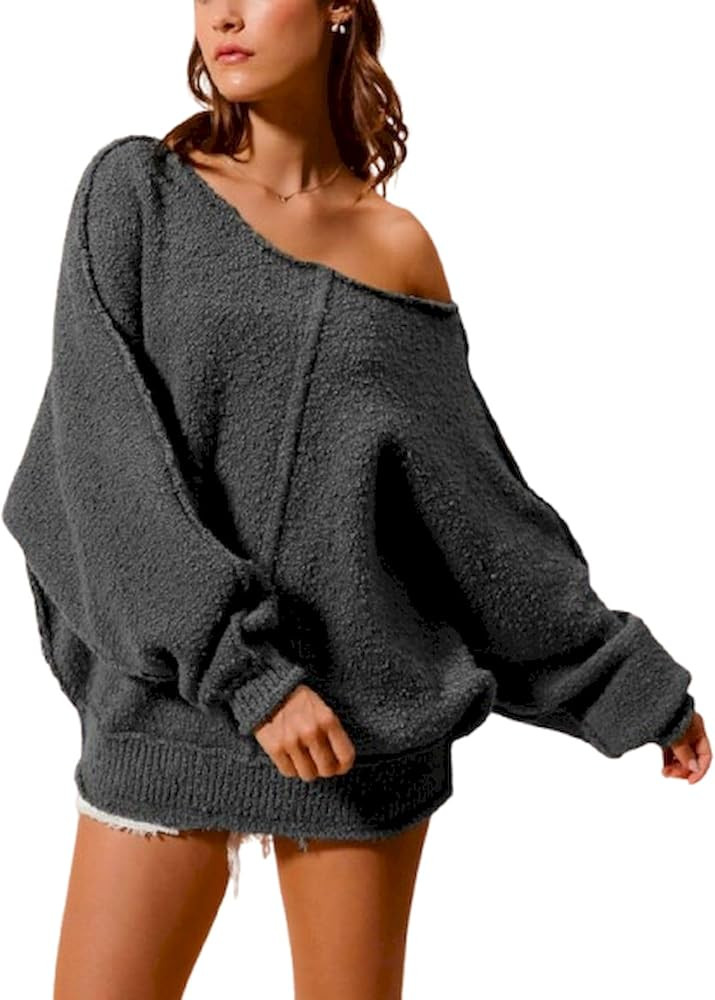 Womens Casual Pullover Sweater Chic Oversized Off Shoulder Slouchy Fuzzy Knit Top Charcoal Grey W... | Amazon (US)