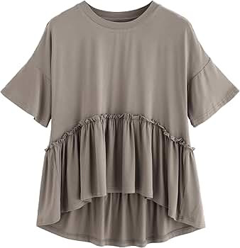 Romwe Women's Loose Ruffle Hem Short Sleeve High Low Peplum Blouse Top | Amazon (US)