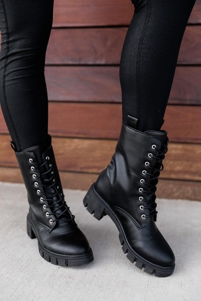 Trina Black Leather Combat Boots | The Pink Lily Boutique