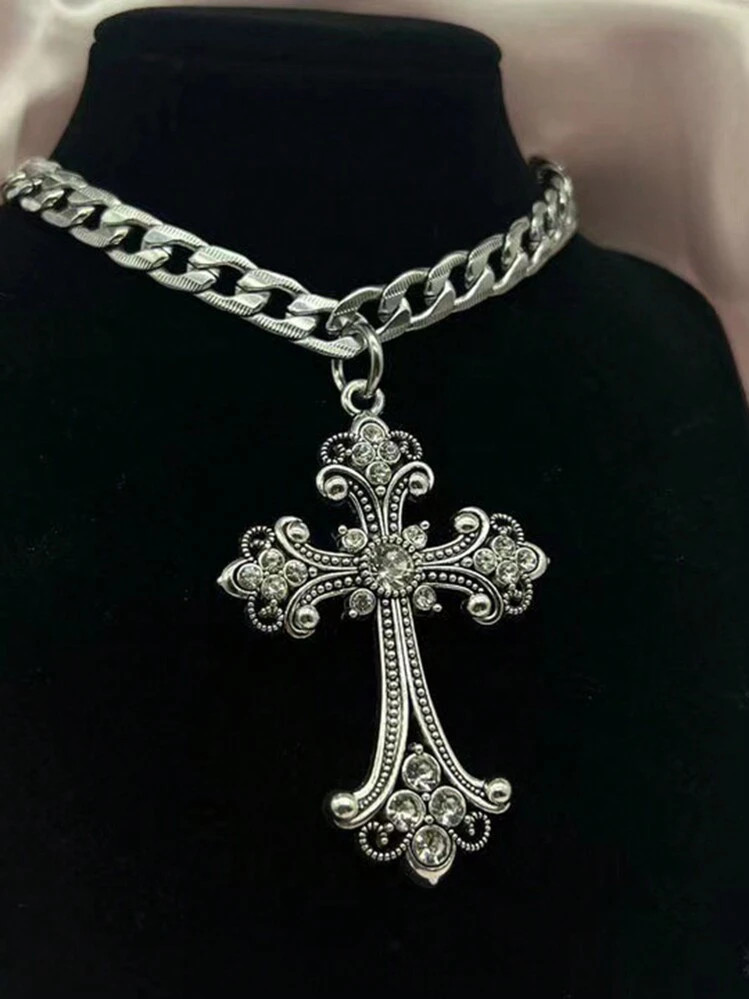 1pc Fashion Titanium Steel Silver Cross Cubic Zirconia Hollow Baroque Pendant Necklace For Women, Suitable For Party, Daily Wear | SHEIN