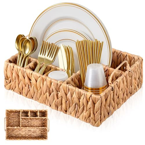LemonRoad Wicker Utensil Caddy 6 Compartments Water Hyacinth Large Silverware Caddy with Handles Cutlery Basket Napkin Holder Boho Woven Flatware Organizer for Party Picnic Kitchen Countertop Hosting | Amazon (US)