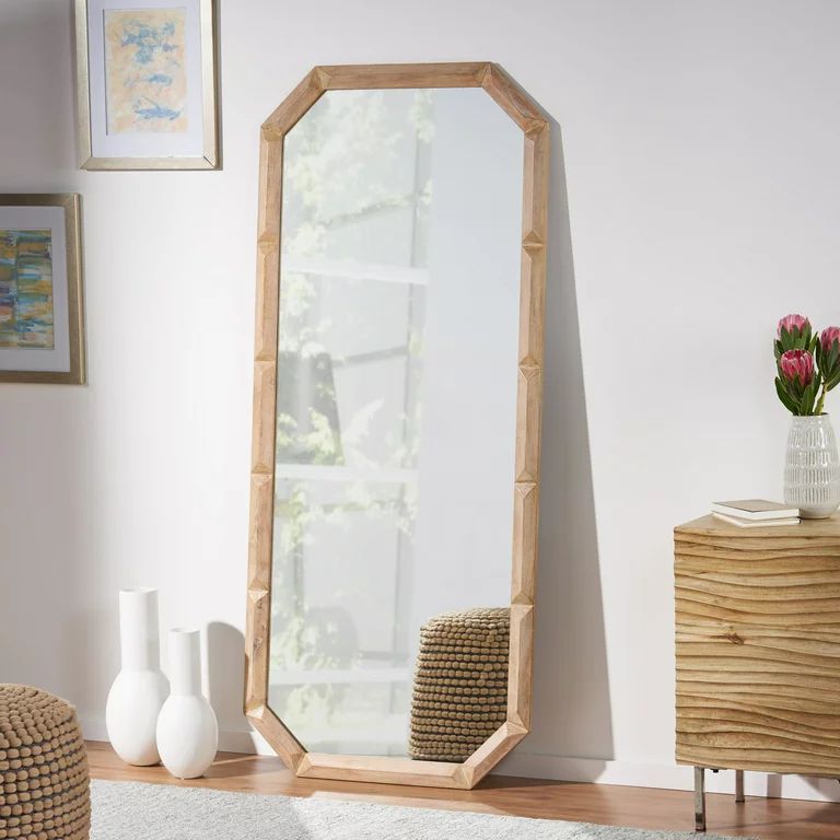 Noble House Jaxson Modern Standing Mirror with Carved Frame, Natural, White | Walmart (US)