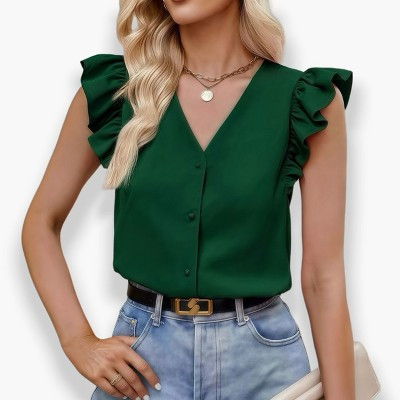 Womens Summer Tops Casual v Neck Ruffle Cap Sleeve Blouse Shirts Solid Color Tunic Tops Dark green,S | Target