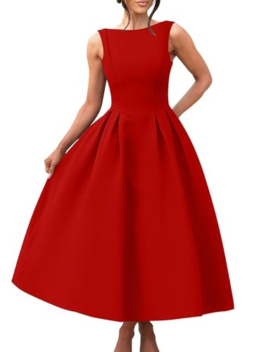 YMDUCH Women's Elegant Sleeveless Crew Neck Backless Swing A Line Evening Party Long Dress Red | Amazon (US)
