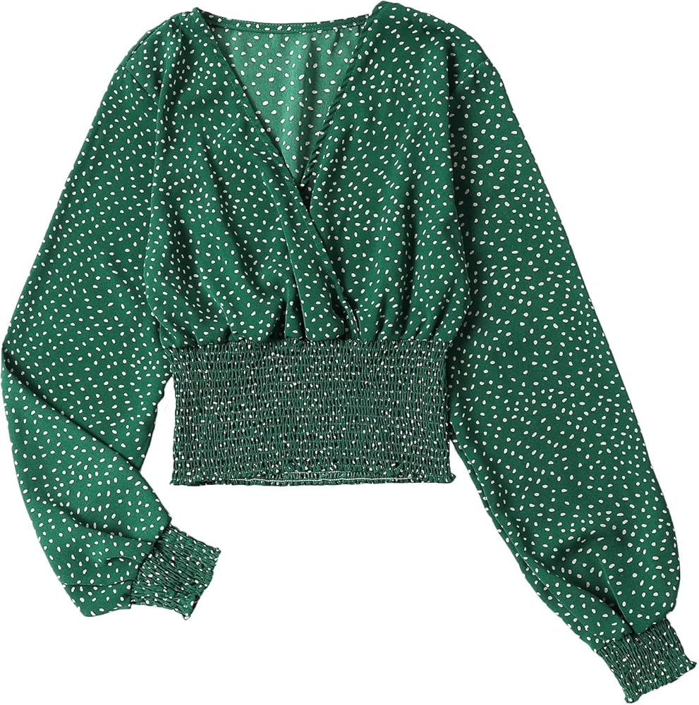 Women's V Neck Shirred Polka Dots Long Sleeve Frill Crop Blouse Shirt Tops | Amazon (US)
