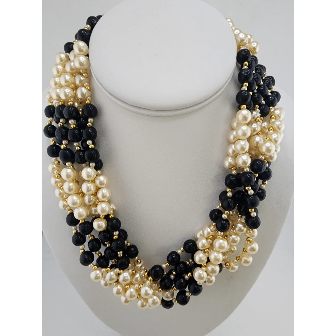 Vintage 80s Torsade Acrylic Faux Pearl & Faux Onyx Necklace (A3441) | Etsy (US)